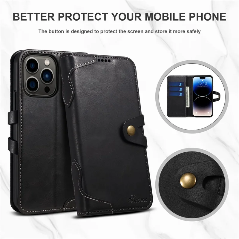 SUTENI Q03 Series PU Leather Case for iPhone 14 Pro, Button Closure Foldable Stand Wallet Drop-proof Cover - Black
