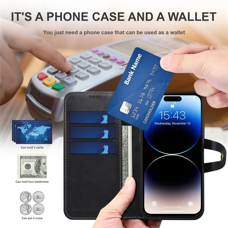 SUTENI Q03 Series PU Leather Case for iPhone 14 Pro, Button Closure Foldable Stand Wallet Drop-proof Cover - Black