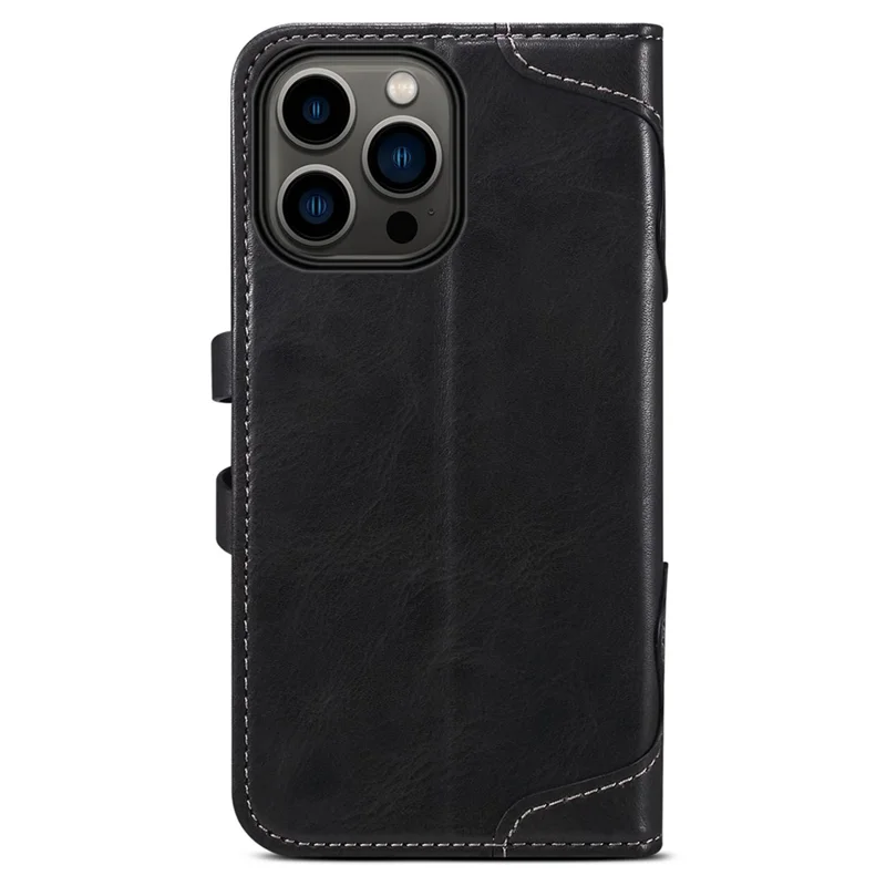 SUTENI Q03 Series PU Leather Case for iPhone 14 Pro, Button Closure Foldable Stand Wallet Drop-proof Cover - Black