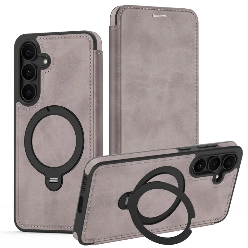 Capa para Samsung Galaxy S25 FE Compatível com MagSafe, Carteira de Couro com Bloqueio RFID, Capa com Anel Rotativo e Suporte - Cinza Titânio