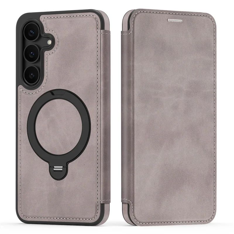 Capa para Samsung Galaxy S25 FE Compatível com MagSafe, Carteira de Couro com Bloqueio RFID, Capa com Anel Rotativo e Suporte - Cinza Titânio