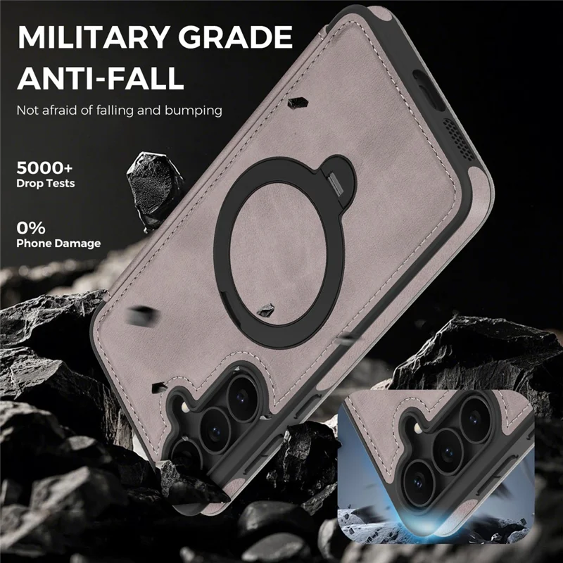 Capa para Samsung Galaxy S25 FE Compatível com MagSafe, Carteira de Couro com Bloqueio RFID, Capa com Anel Rotativo e Suporte - Cinza Titânio