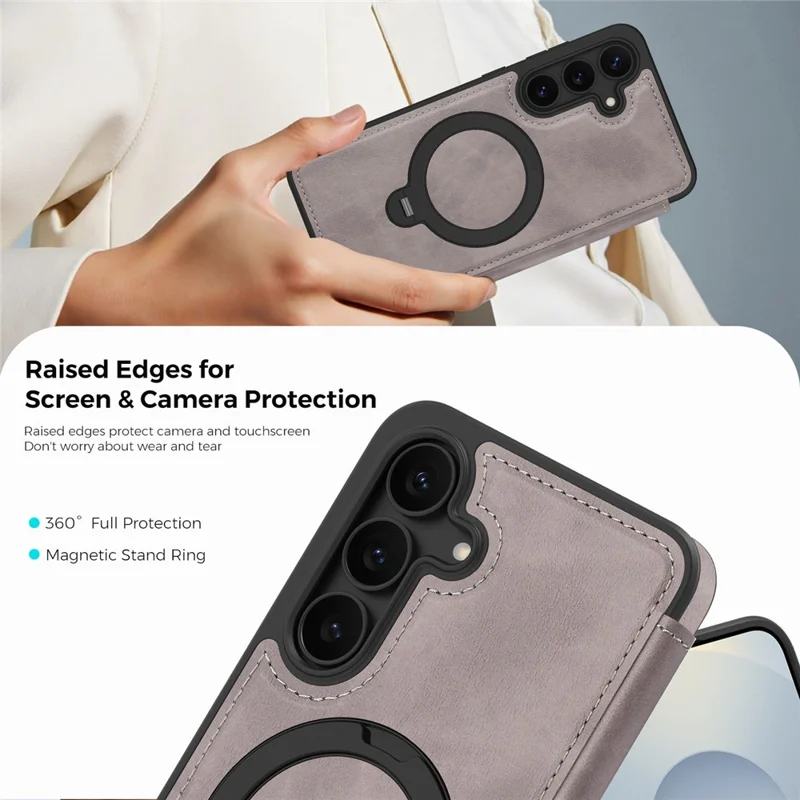 Capa para Samsung Galaxy S25 FE Compatível com MagSafe, Carteira de Couro com Bloqueio RFID, Capa com Anel Rotativo e Suporte - Cinza Titânio