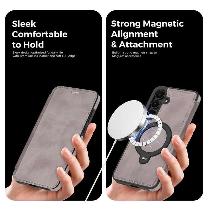 Capa para Samsung Galaxy S25 FE Compatível com MagSafe, Carteira de Couro com Bloqueio RFID, Capa com Anel Rotativo e Suporte - Cinza Titânio