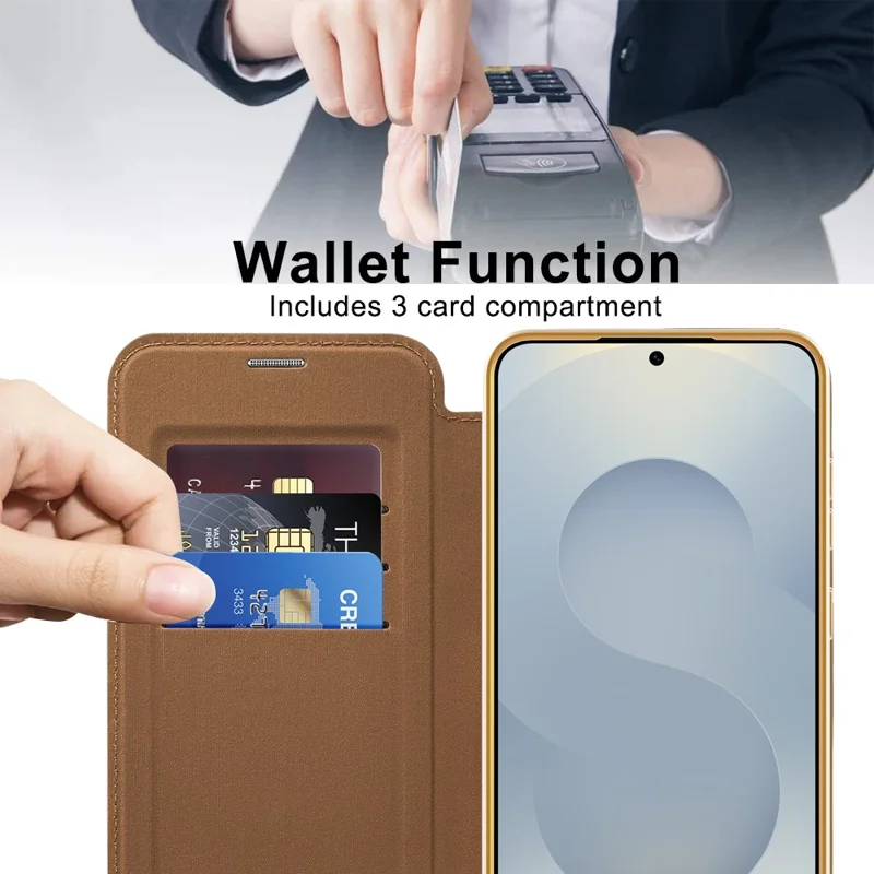 Funda para Samsung Galaxy S25 FE Compatible con MagSafe Titular de tarjeta RFID Bloqueo Cubierta de teléfono de cuero - Marrón