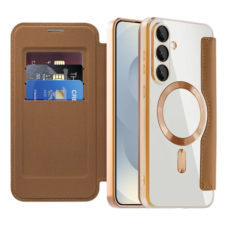 Funda para Samsung Galaxy S25 FE Compatible con MagSafe Titular de tarjeta RFID Bloqueo Cubierta de teléfono de cuero - Marrón