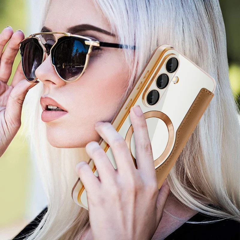 Funda para Samsung Galaxy S25 FE Compatible con MagSafe Titular de tarjeta RFID Bloqueo Cubierta de teléfono de cuero - Marrón