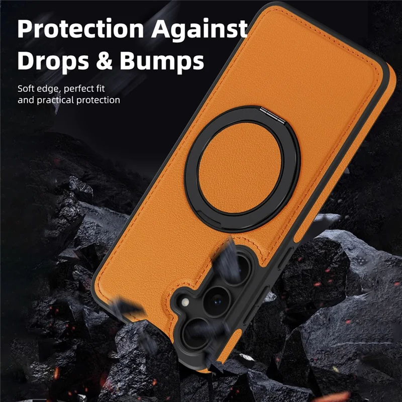 Custodia Samsung Galaxy S25 FE con Anello Supporto Compatibile con MagSafe Copertura Posteriore in Pelle PU - Arancione