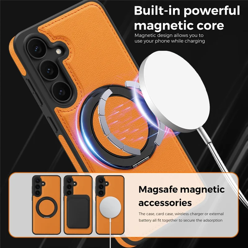 Custodia Samsung Galaxy S25 FE con Anello Supporto Compatibile con MagSafe Copertura Posteriore in Pelle PU - Arancione