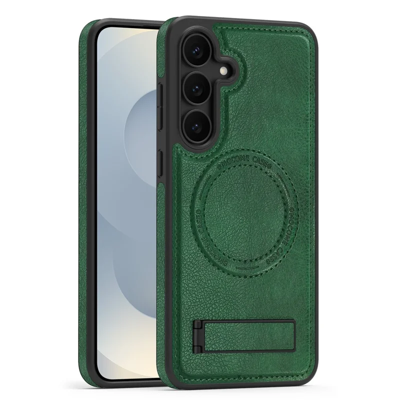 Чехол для Samsung Galaxy S25 FE совместимый с MagSafe, кожаная задняя крышка с подставкой - темно-зеленый