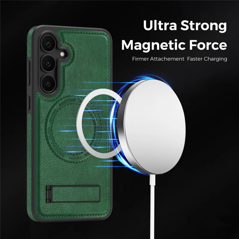 Чехол для Samsung Galaxy S25 FE совместимый с MagSafe, кожаная задняя крышка с подставкой - темно-зеленый