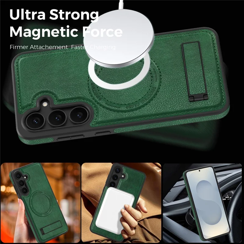 Чехол для Samsung Galaxy S25 FE совместимый с MagSafe, кожаная задняя крышка с подставкой - темно-зеленый