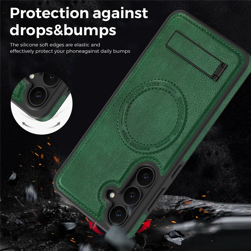 Чехол для Samsung Galaxy S25 FE совместимый с MagSafe, кожаная задняя крышка с подставкой - темно-зеленый