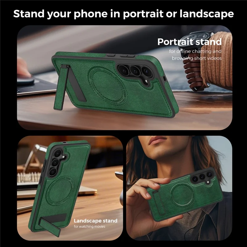 Чехол для Samsung Galaxy S25 FE совместимый с MagSafe, кожаная задняя крышка с подставкой - темно-зеленый