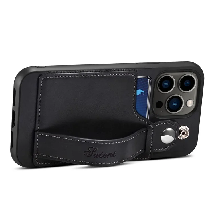 Suteni H12-serie Für Iphone 14 Pro Anti-fall Phone Hülle Kickstand-kartenhalter Renner Armband Leder Beschichtetes PC + TPU Anti-kratzer-mobiltelefon Zurück-deckung - Schwarz