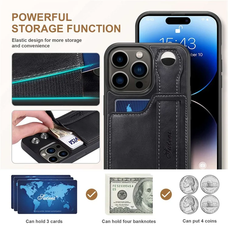 Suteni H12-serie Für Iphone 14 Pro Anti-fall Phone Hülle Kickstand-kartenhalter Renner Armband Leder Beschichtetes PC + TPU Anti-kratzer-mobiltelefon Zurück-deckung - Schwarz