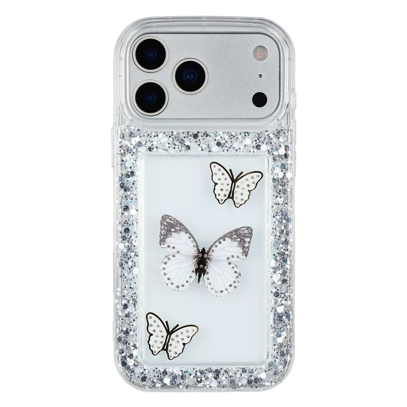 For iPhone 17 Pro Max Case DIY Butterfly Glitter Epoxy Soft TPU Phone Back Cover - White