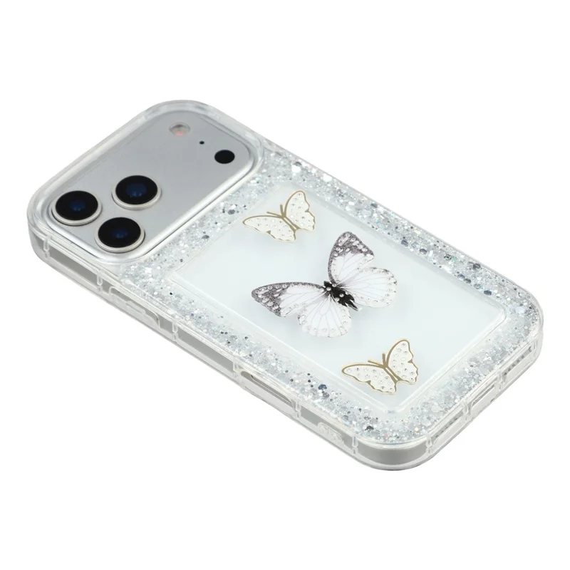 For iPhone 17 Pro Max Case DIY Butterfly Glitter Epoxy Soft TPU Phone Back Cover - White