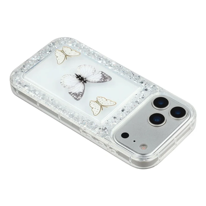 For iPhone 17 Pro Max Case DIY Butterfly Glitter Epoxy Soft TPU Phone Back Cover - White