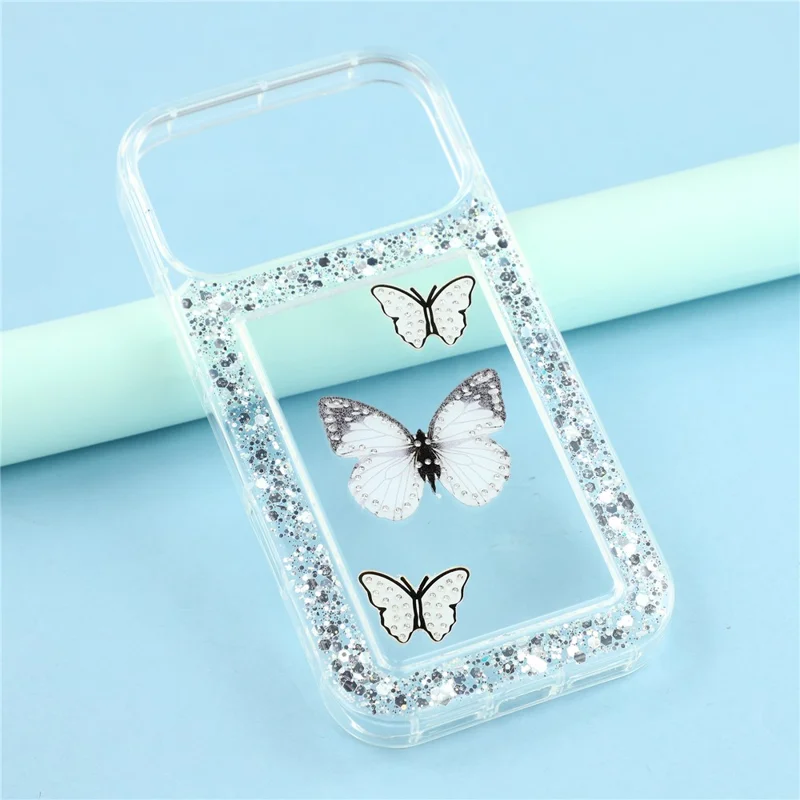 For iPhone 17 Pro Max Case DIY Butterfly Glitter Epoxy Soft TPU Phone Back Cover - White