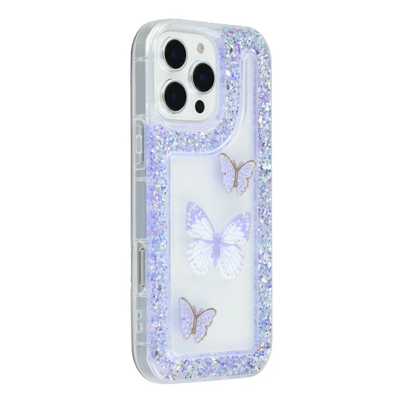 Чехол для iPhone 16 Pro Max DIY Butterfly Glitter Epoxy Soft TPU Phone Back Cover - Фиолетовый