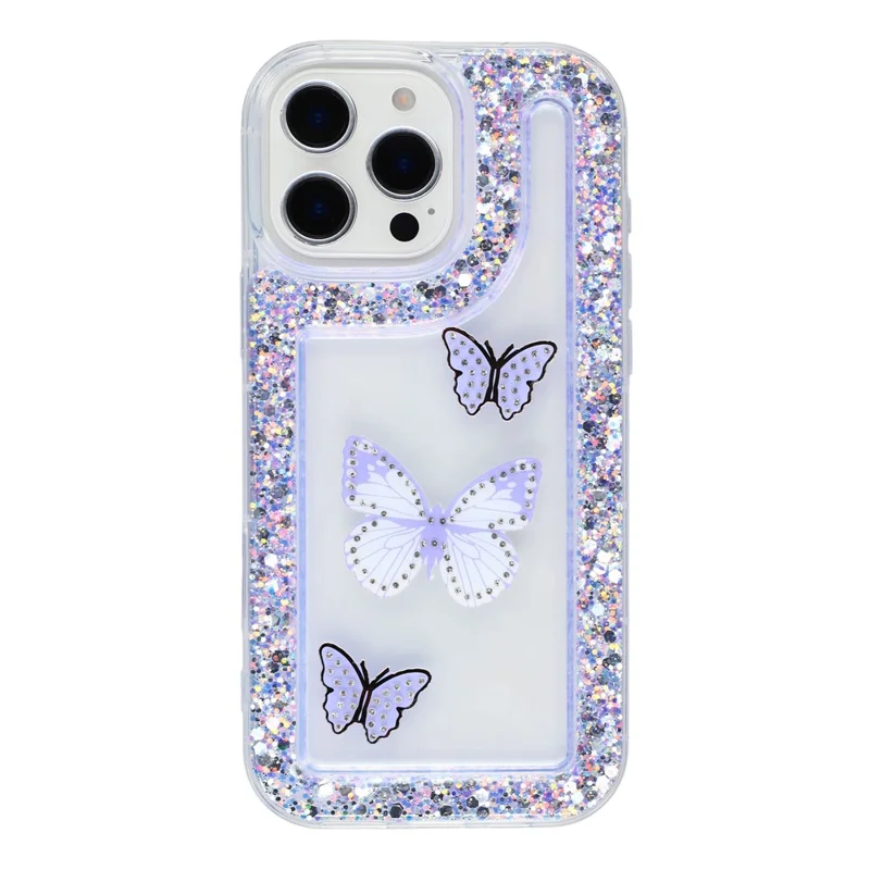 Чехол для iPhone 16 Pro Max DIY Butterfly Glitter Epoxy Soft TPU Phone Back Cover - Фиолетовый