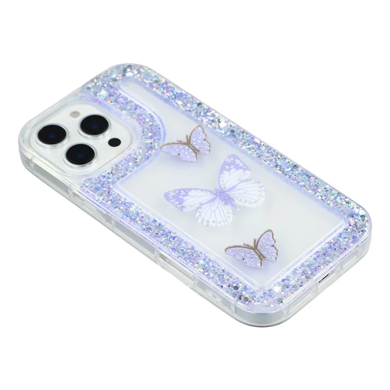 Чехол для iPhone 16 Pro Max DIY Butterfly Glitter Epoxy Soft TPU Phone Back Cover - Фиолетовый