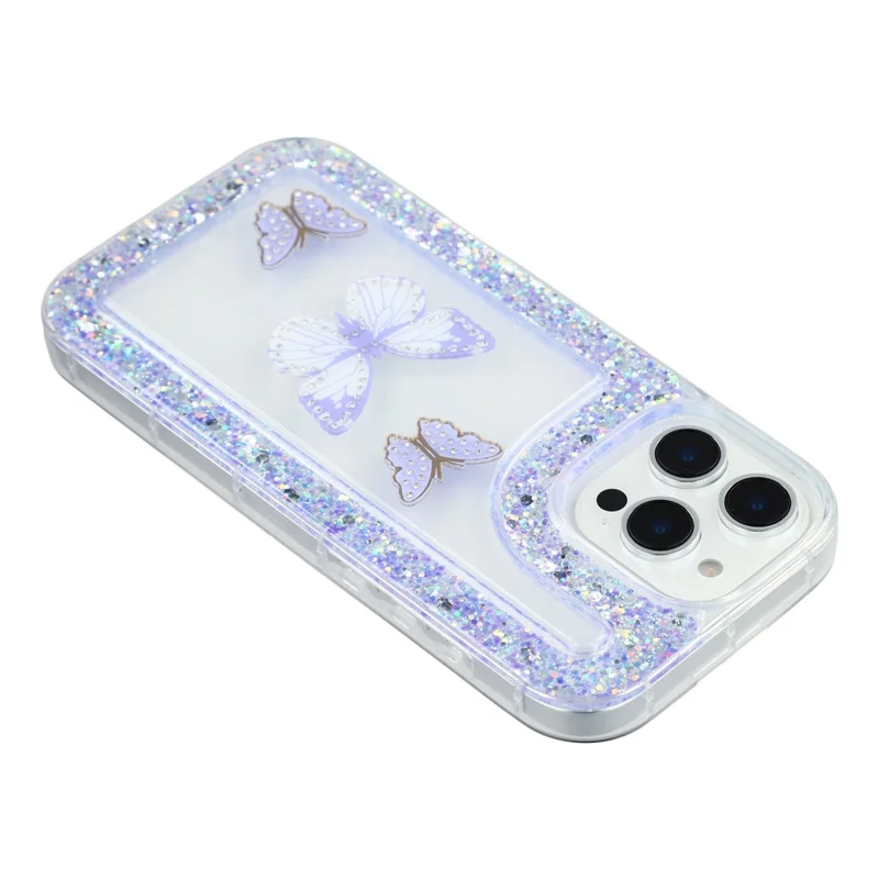 Чехол для iPhone 16 Pro Max DIY Butterfly Glitter Epoxy Soft TPU Phone Back Cover - Фиолетовый