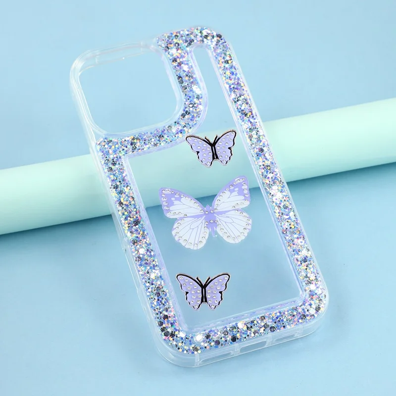 Чехол для iPhone 16 Pro Max DIY Butterfly Glitter Epoxy Soft TPU Phone Back Cover - Фиолетовый