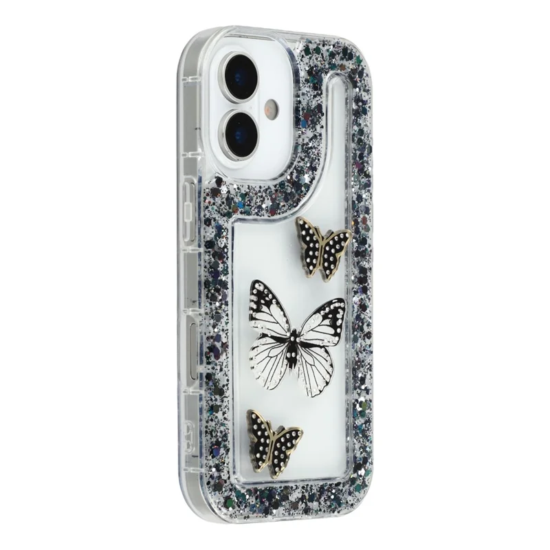 Étui iPhone 16 DIY Papillon Paillettes Époxy Souple TPU Coque Arrière - Noir