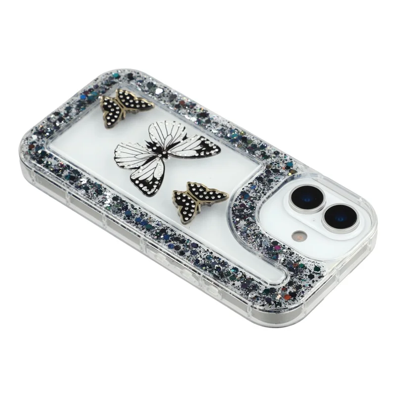 Étui iPhone 16 DIY Papillon Paillettes Époxy Souple TPU Coque Arrière - Noir