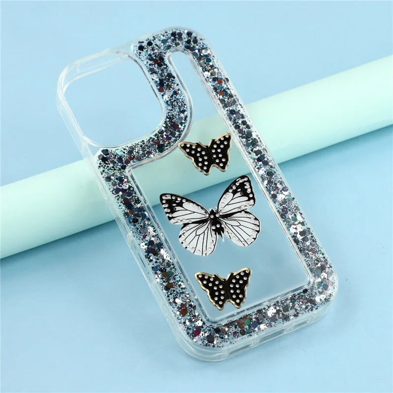 Étui iPhone 16 DIY Papillon Paillettes Époxy Souple TPU Coque Arrière - Noir