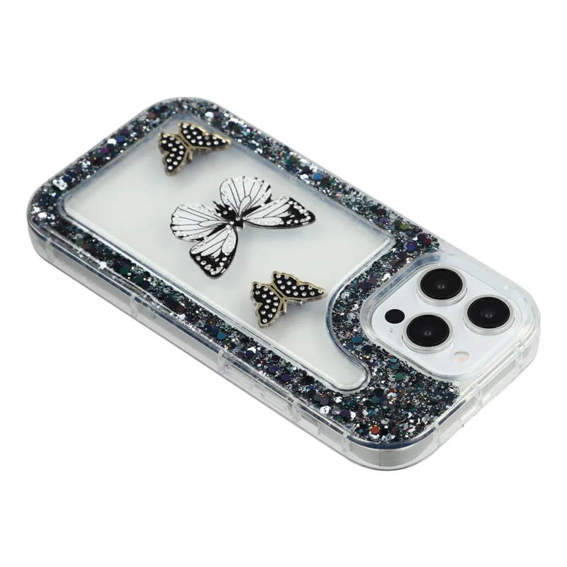 För iPhone 14 Pro Max Skal DIY Fjäril Glitter Epoxy Mjuk TPU Telefon Baklucka - Svart