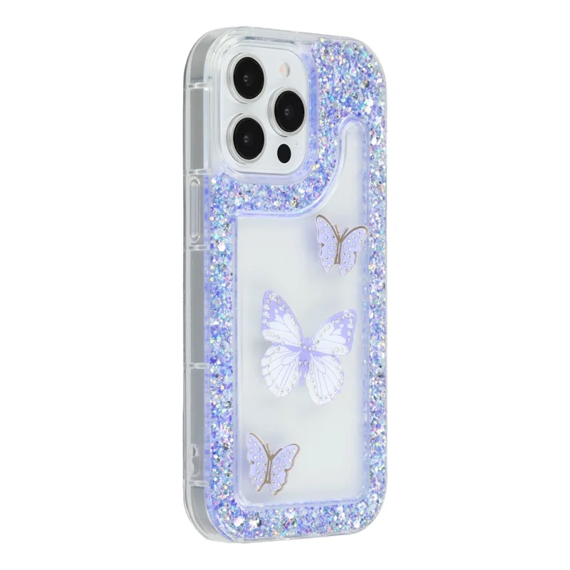 For iPhone 14 Pro Max Case DIY Butterfly Glitter Epoxy Soft TPU Phone Back Cover - Purple