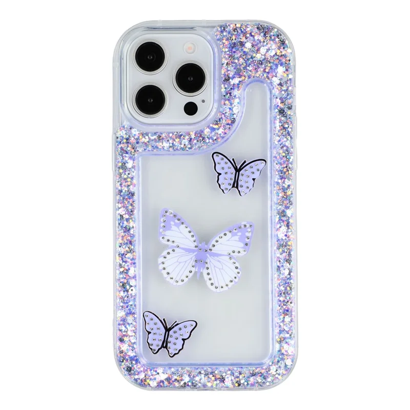 For iPhone 14 Pro Max Case DIY Butterfly Glitter Epoxy Soft TPU Phone Back Cover - Purple