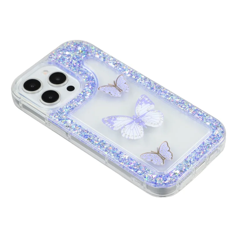 For iPhone 14 Pro Max Case DIY Butterfly Glitter Epoxy Soft TPU Phone Back Cover - Purple