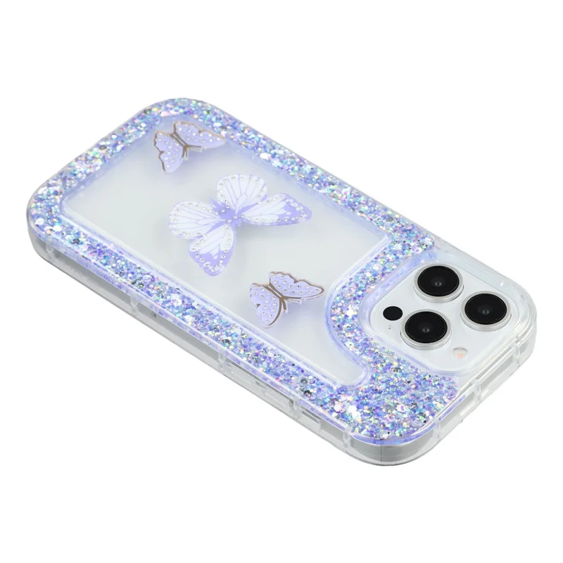 For iPhone 14 Pro Max Case DIY Butterfly Glitter Epoxy Soft TPU Phone Back Cover - Purple