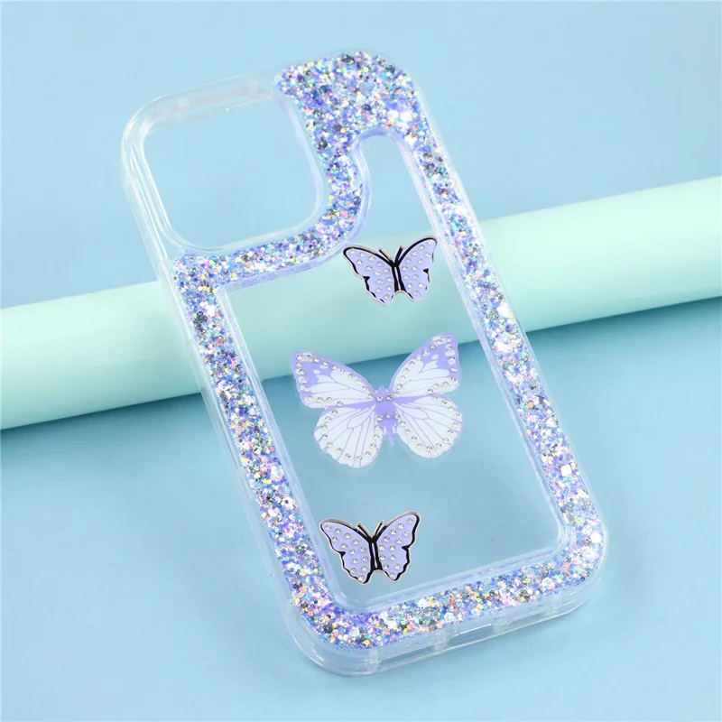 For iPhone 14 Pro Max Case DIY Butterfly Glitter Epoxy Soft TPU Phone Back Cover - Purple