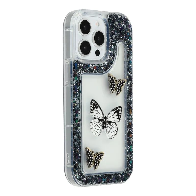 For iPhone 14 Pro Case DIY Butterfly Glitter Epoxy Soft TPU Phone Back Cover - Black