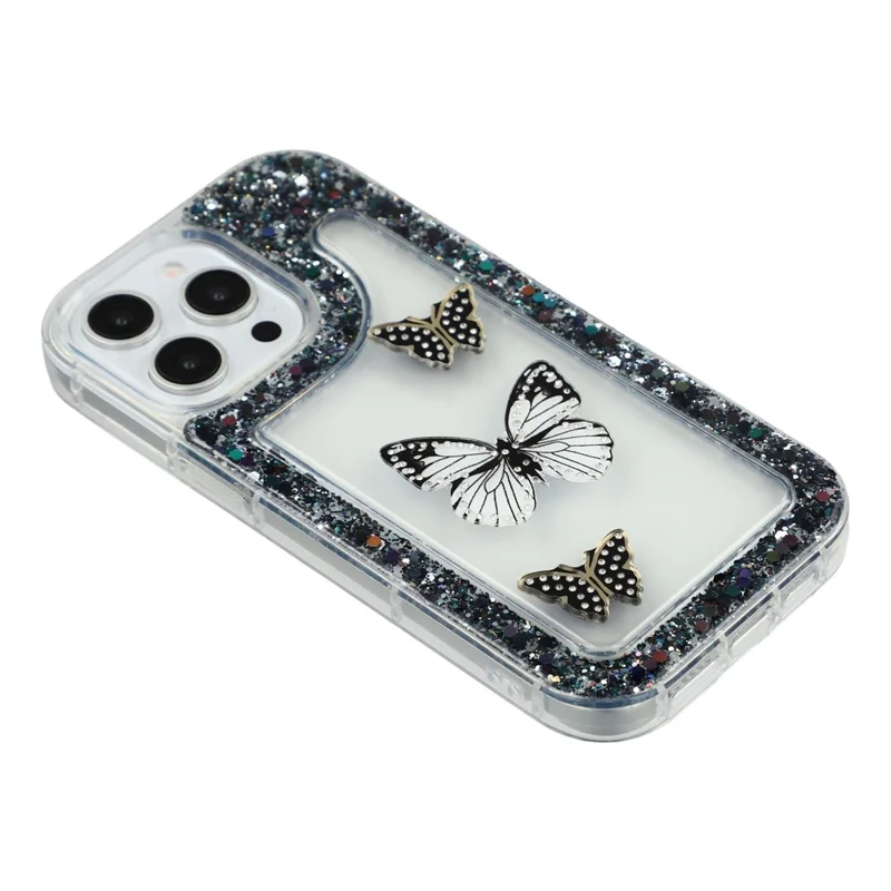 For iPhone 14 Pro Case DIY Butterfly Glitter Epoxy Soft TPU Phone Back Cover - Black