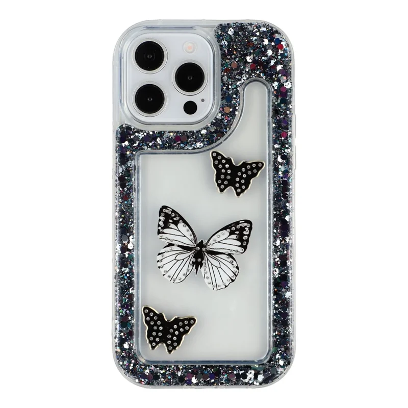 Чехол для iPhone 13 Pro Max DIY Butterfly Glitter Epoxy Soft TPU Phone Back Cover - Черный