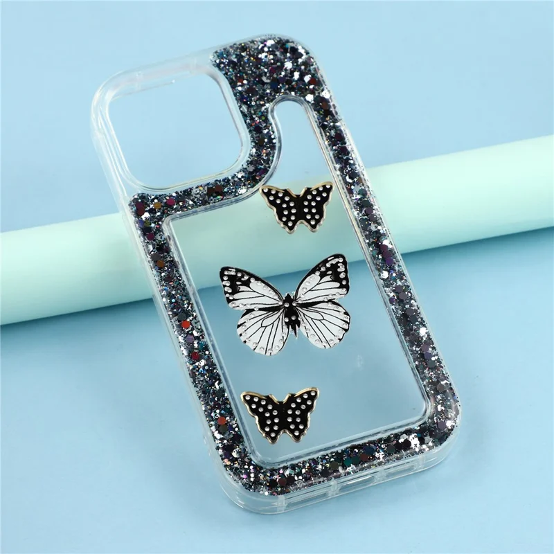 Чехол для iPhone 13 Pro Max DIY Butterfly Glitter Epoxy Soft TPU Phone Back Cover - Черный