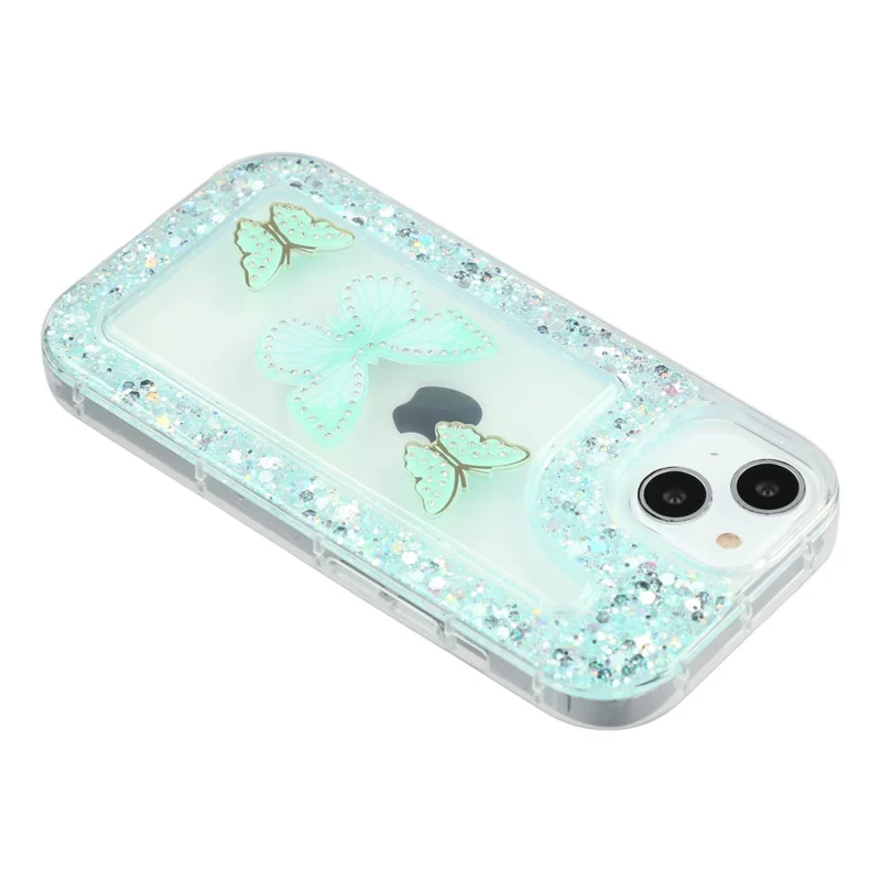 Obudowa na iPhone'a 15 DIY z Motywem Motyla i Brokatem, Epoksydowa Miękka Obudowa TPU – Zielona