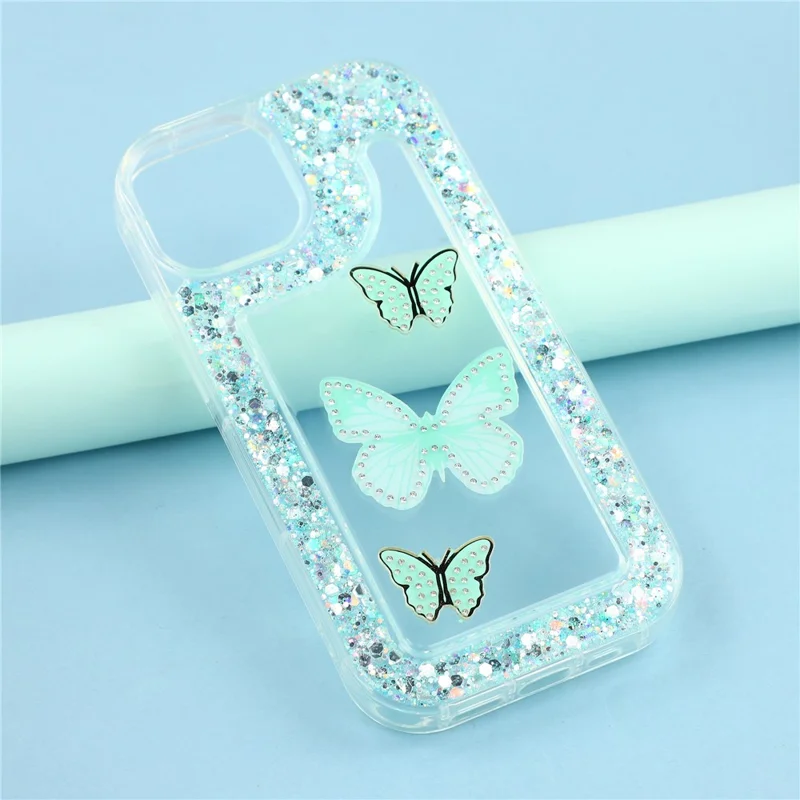 For iPhone 14 Case DIY Butterfly Glitter Epoxy Soft TPU Phone Back Cover - Green