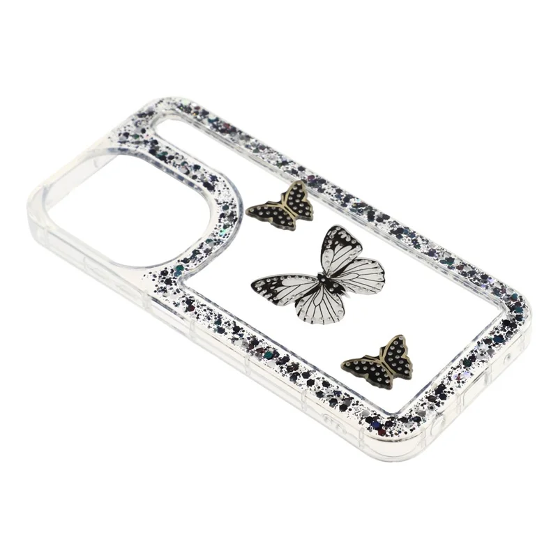 Cover posteriore per telefono in TPU morbido con farfalla glitter in resina epossidica fai-da-te per Xiaomi Redmi A5 4G (171,7 mm) - Nero