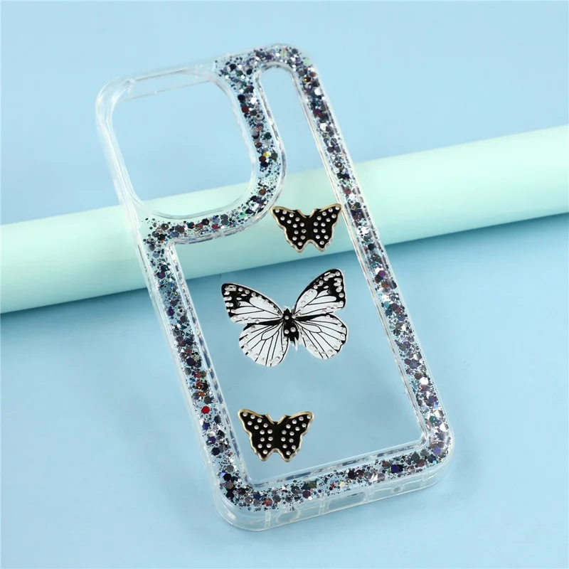 Cover posteriore per telefono in TPU morbido con farfalla glitter in resina epossidica fai-da-te per Xiaomi Redmi A5 4G (171,7 mm) - Nero