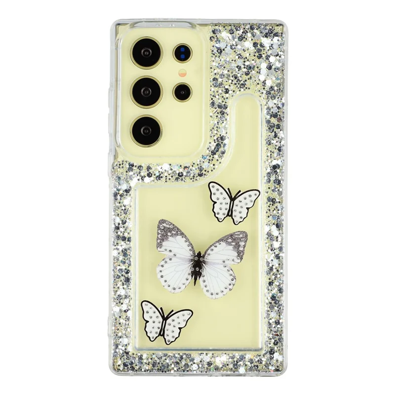 For Samsung Galaxy S24 Ultra Case DIY Butterfly Glitter Epoxy Soft TPU Phone Back Cover - White