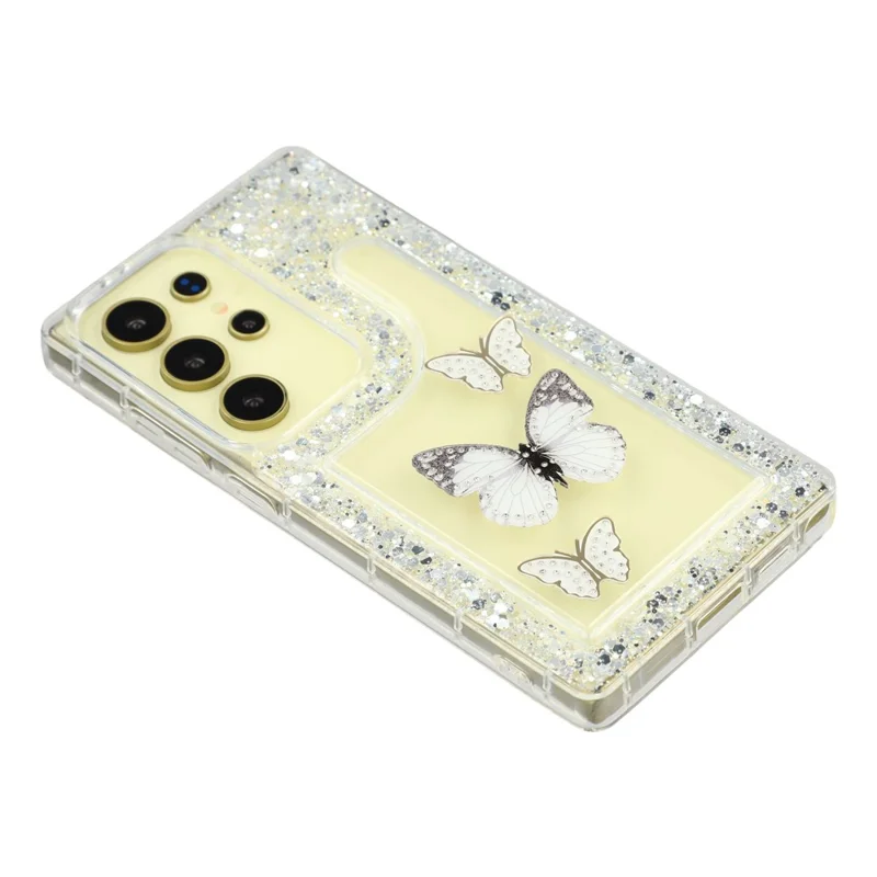 For Samsung Galaxy S23 Ultra Case DIY Butterfly Glitter Epoxy Soft TPU Phone Back Cover - White