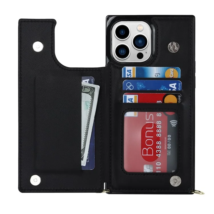 For iPhone 14 Pro PU Leather Coated TPU Kickstand Phone Case Zipper Pocket Magnetic Button Card Slots Protective Cover with Shoulder Strap - Black