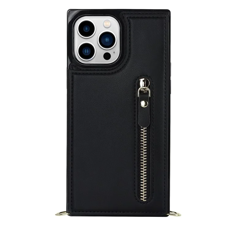 For iPhone 14 Pro PU Leather Coated TPU Kickstand Phone Case Zipper Pocket Magnetic Button Card Slots Protective Cover with Shoulder Strap - Black